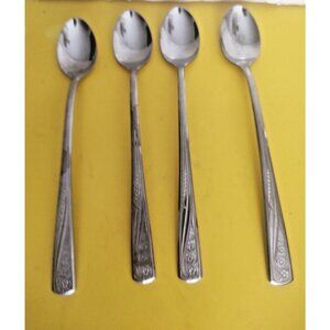 Vintage Stainless International USA Long 7 1/2" Spoon set of 4 Rose Pattern